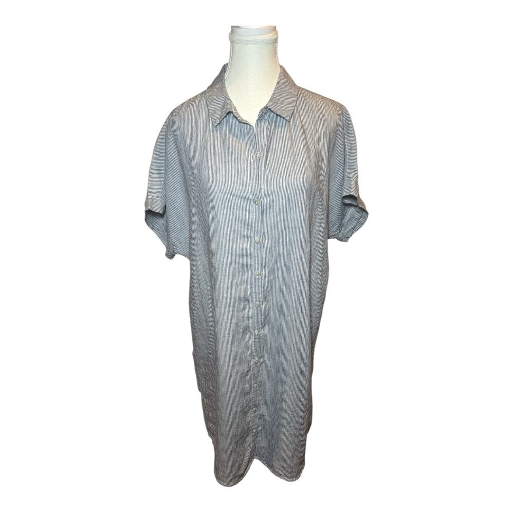 Tahari Railroad Striped Linen ShirtDress Sz L Nautical Blue White Coastal Beach - Picture 2 of 13
